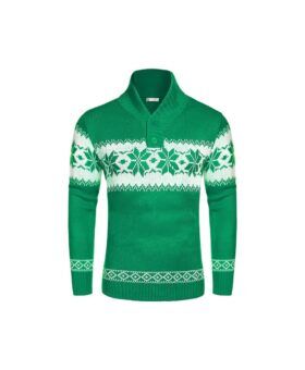 Green and white snowflake Fair Isle knit sweater with shawl collar and button placket, flat lay