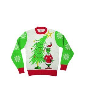 Grey knit Christmas sweater with Grinch and tree motif, green snowflake sleeves and red ribbed trim, flat lay