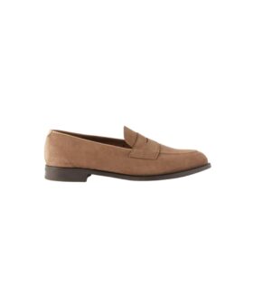 Tan suede penny loafer with dark leather sole, side profile product shot