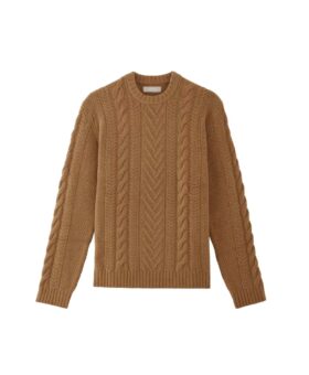 Camel cable knit merino wool crewneck sweater with ribbed cuffs and hem, flat lay
