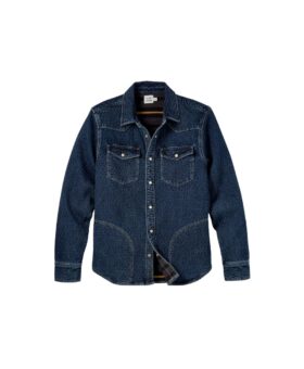 Dark indigo denim western shirt with bone snap buttons, flap chest pockets and plaid-lined placket, flat lay