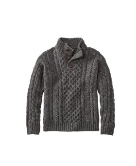 Charcoal grey donegal wool fisherman sweater with cable knit and buttoned shawl collar, flat lay