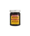 Jar of maraschino cherries with red and yellow label and silver lid, product shot