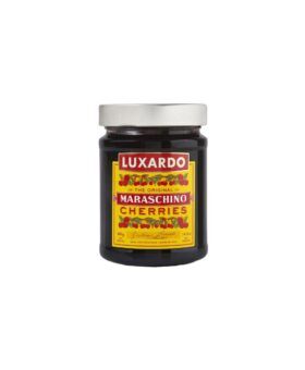 Jar of maraschino cherries with red and yellow label and silver lid, product shot