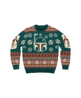 Green Fair Isle holiday sweater with red and cream snowflakes and a Boba Fett helmet motif, flat lay