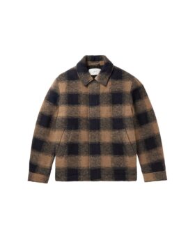 Tan and navy buffalo check wool blend blouson jacket with point collar, flat lay