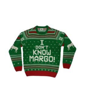 Green knit Christmas sweater with red and white snowflakes and