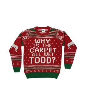 Red and green Fair Isle Christmas sweater reading