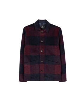 Burgundy and navy buffalo check wool blend chore jacket with patch pockets, flat lay