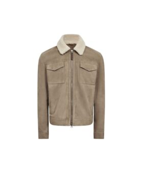 Taupe suede zip-through jacket with cream shearling collar and flap chest pockets, flat lay
