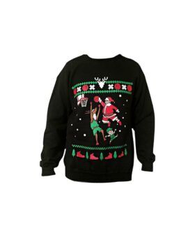 Black crewneck Christmas sweatshirt with red and green dunking Santa and reindeer basketball print, flat lay