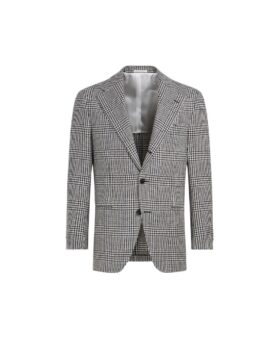 Black and white glen check sport coat with notch lapels and two-button front, flat lay