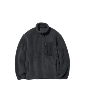 Charcoal grey sherpa fleece jacket with full zip, stand collar and black nylon chest pocket, flat lay