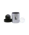 Stainless steel and black clear ice ball mold with sphere of ice, shown disassembled in a product shot