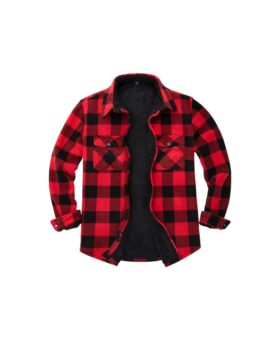 Red and black buffalo plaid fleece shirt jacket with sherpa lining and chest pockets, flat lay