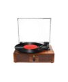Wood-finish vinyl record player with built-in speakers, clear lid and record on the platter, product shot
