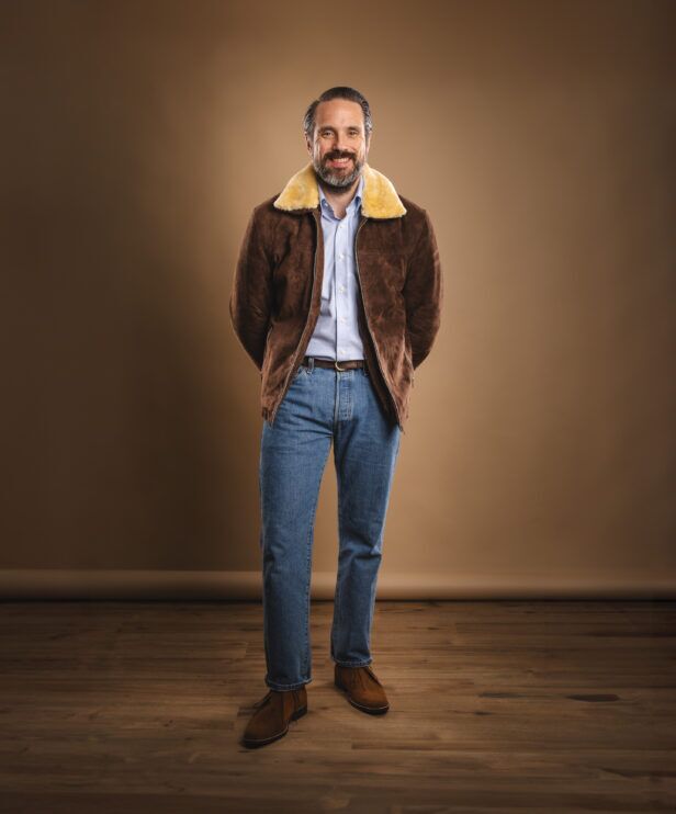 outfit idea with a suede bomber jacket and shearling collar