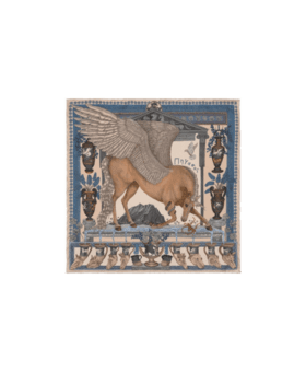 Silk pocket square with Pegasus and Greek temple print in blue, tan and cream, flat lay