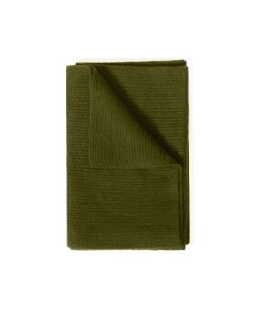 Olive green ribbed knit cashmere scarf, folded flat lay