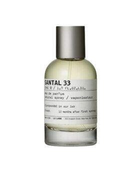 Santal 33 eau de parfum in a clear 50ml glass spray bottle with white label and brushed metal cap, product shot