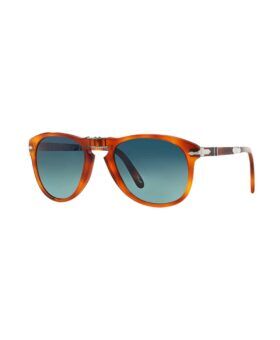 Folding pilot sunglasses with light tortoise acetate frame and blue gradient lenses, three-quarter product view