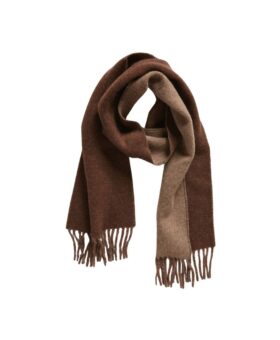 Reversible wool blend scarf in chocolate brown and tan with fringed ends, styled in a loop