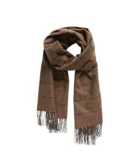Brown checked cashmere scarf with rust windowpane and fringed ends, looped flat lay