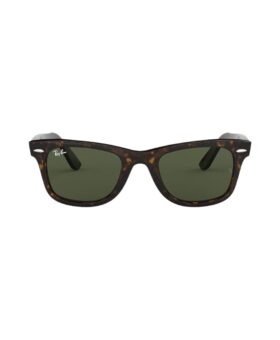 Tortoise acetate wayfarer sunglasses with green lenses, front view flat lay