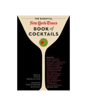 The Essential New York Times Book of Cocktails, black and cream cover with martini glass and olive, front cover view