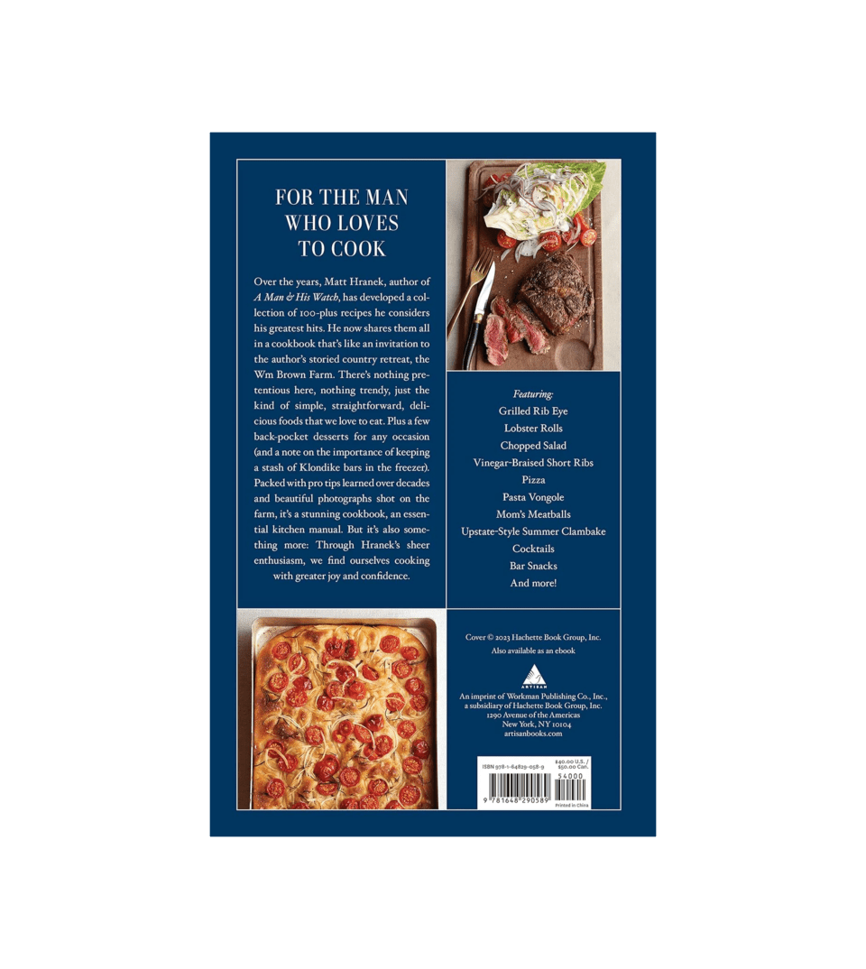 Navy cookbook back cover with steak and focaccia photos and recipe list, A Man & His Kitchen