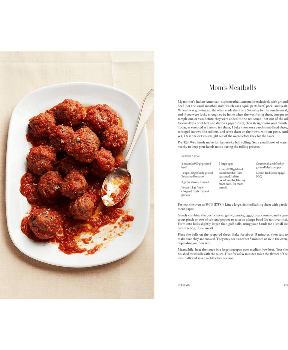 Cookbook spread showing the Mom's Meatballs recipe beside a white platter of meatballs in red sauce