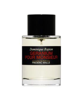 Geranium Pour Monsieur fragrance in a clear glass bottle with black cap and black label, product shot