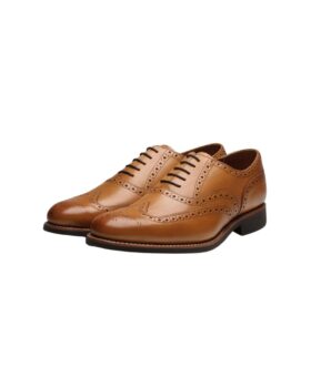 Tan leather full brogue wingtip oxfords with leather soles, pair shown at an angle