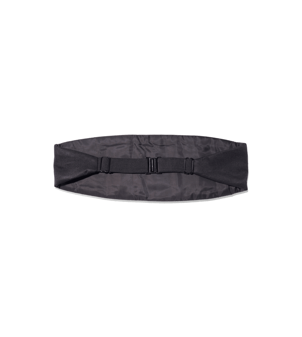 Black cummerbund shown from the reverse with adjustable elastic strap and slide buckle, back view