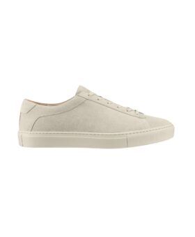 Off-white suede low-top sneaker with matching rubber cup sole, side product view