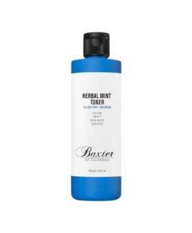 Herbal mint toner in a blue 236 ml bottle with white label and black flip cap, product shot
