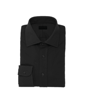 Black cotton pique dress shirt with spread collar and barrel cuff, folded flat lay