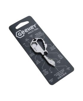 Stainless steel key-shaped pocket multi-tool on labelled grey hanging card, packaging shot