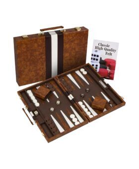 Brown faux leather travel backgammon set with felt board, checkers, dice and carry case, product shot