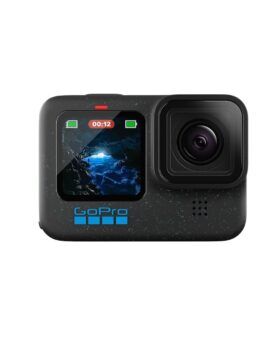 Black GoPro HERO12 action camera, front view with lens and front screen on white background