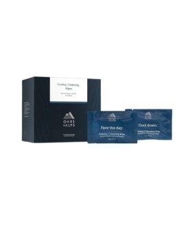 Cooling and cleansing face wipes in a navy box with two individually wrapped sachets, packaging shot