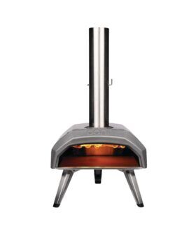 Stainless steel portable outdoor pizza oven with chimney and lit flame inside, front product view