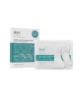 Hydro Cool Firming Eye Gels in white and teal box with sachet and two under-eye patches, packaging shot