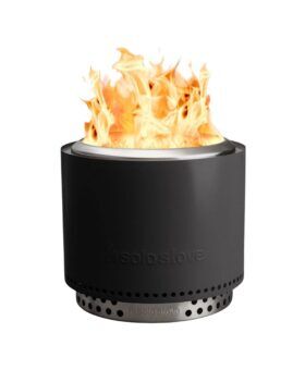 Black and stainless steel smokeless fire pit burning with tall flames, product shot on white