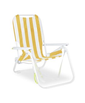Folding beach chair in yellow and white stripe mesh with white aluminum frame, product view