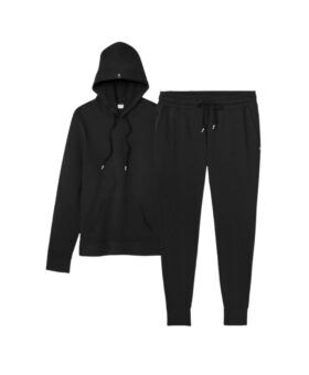 Black French terry pullover hoodie and matching drawstring joggers, flat lay