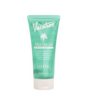 Green aloe vera after sun gel in a 6 fl oz squeeze tube with white cap, packaging shot