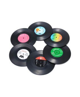 Vinyl record drink coasters with colourful retro labels, set of six, flat lay