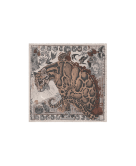 Champagne silk pocket square printed with a clouded leopard and birds, flat