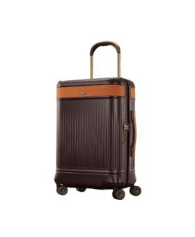 Brown Hartmann Reserve carry-on spinner suitcase with tan leather trim and brass hardware
